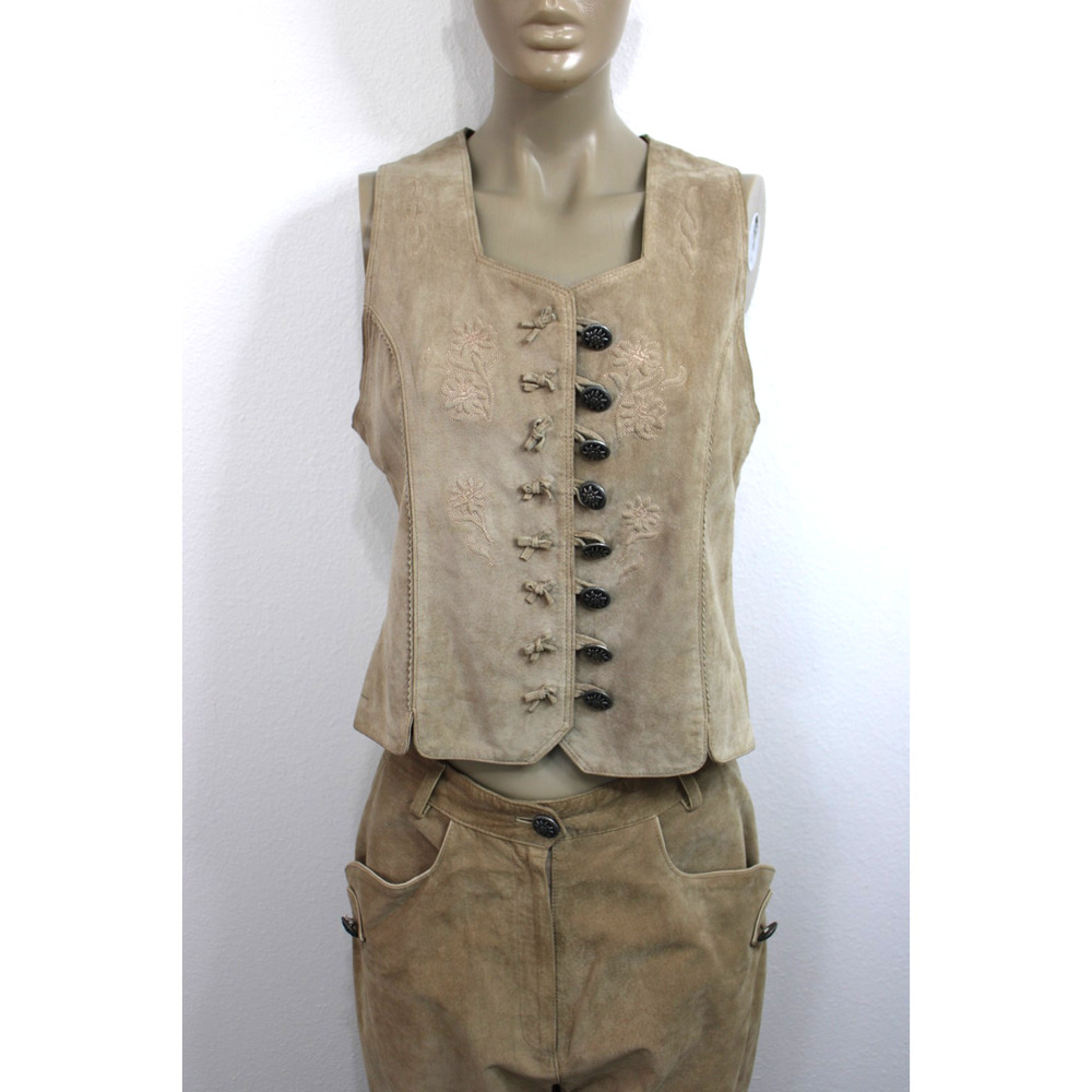 Vintage LANDHAUS & C&A Oktoberfest Suede Leather Pants & Vest Set Size UK 12/14 - Picture 3 of 16